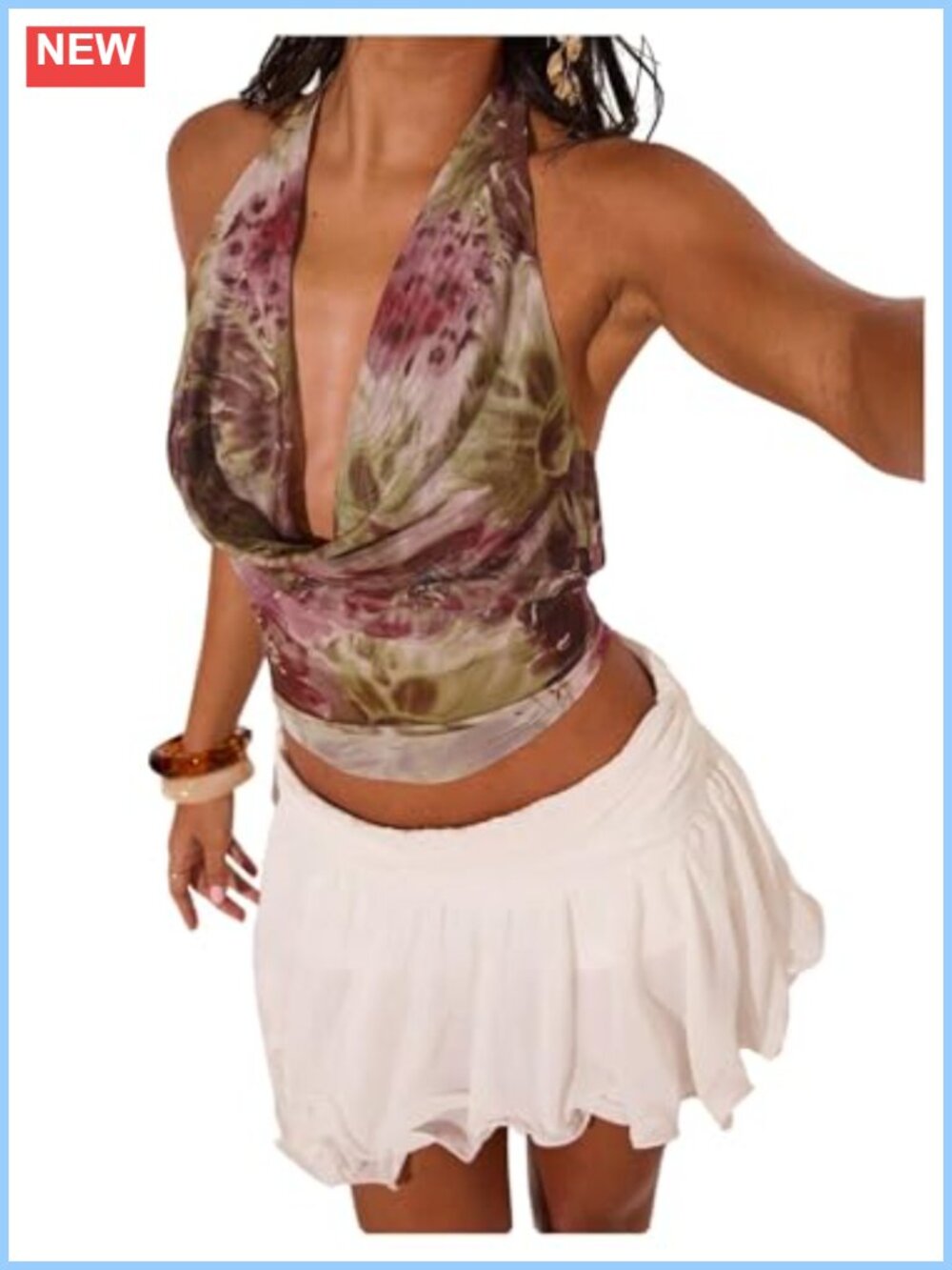 Women's Y2k Sheer Mesh Halter Top Cowl Neck Backless Sleeveless Floral